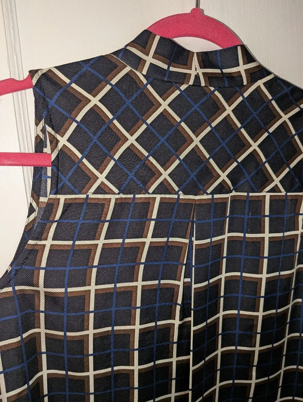 J. Crew Silk Twill Top in Windowpane Black Brown Sleeveless V-Neck - Size 2